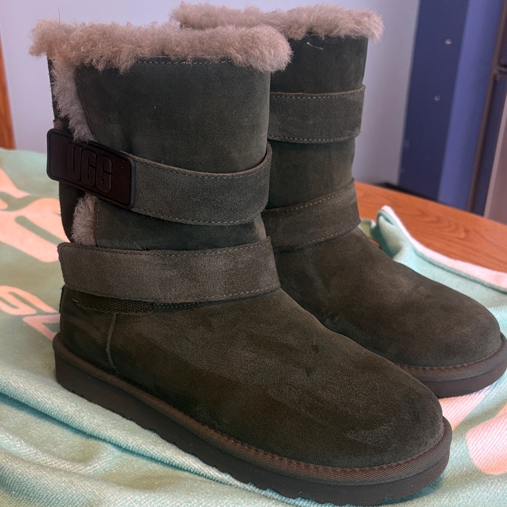 UGG Olive Green Suede Shearling Strap Mid-Calf Boots